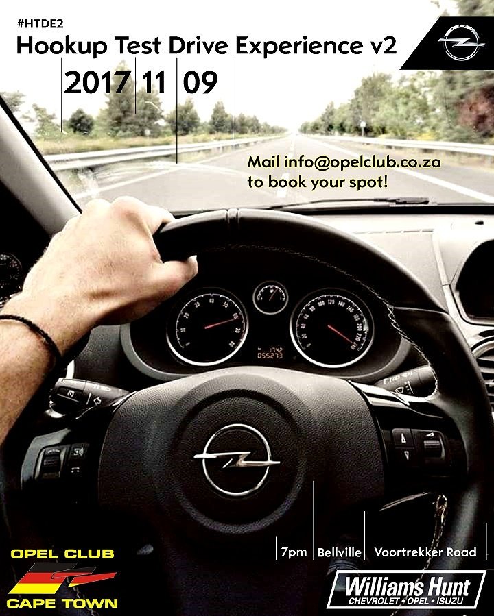 OpelClubCT's tweet photo. Our next Hookup Test Drive Experience. @WilliamsHuntCPT on 9 Nov, 7pm. Don't miss it! #ExperienceOpel #WieLebenAutos #HTDE2 @garyvandyk789 https://t.co/sQQN4kSRIR