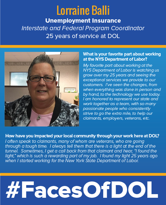 NYSLabor's tweet photo. Happy Monday! Check out our latest #FacesOfDOL nominee, Lorraine Balli! https://t.co/BZg4cIsjZg