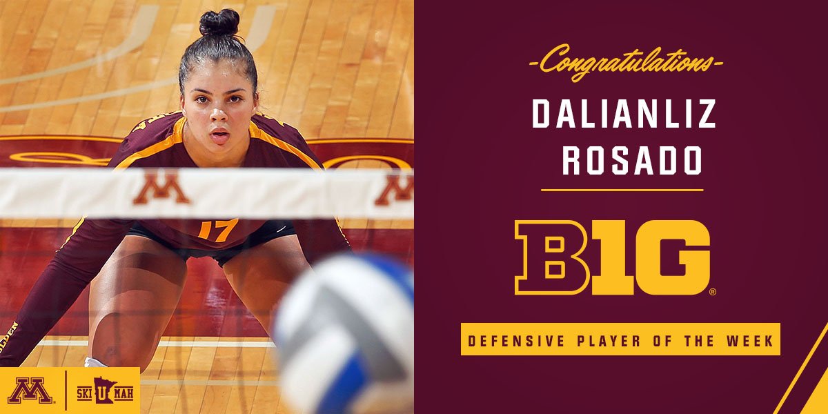 Congrats to Dalianliz Rosado, she was named the <a href="/B1GVolleyball/">Big Ten Volleyball</a>'s Defensive Player of the Week! #Gophers z.umn.edu/gvbdrb1g