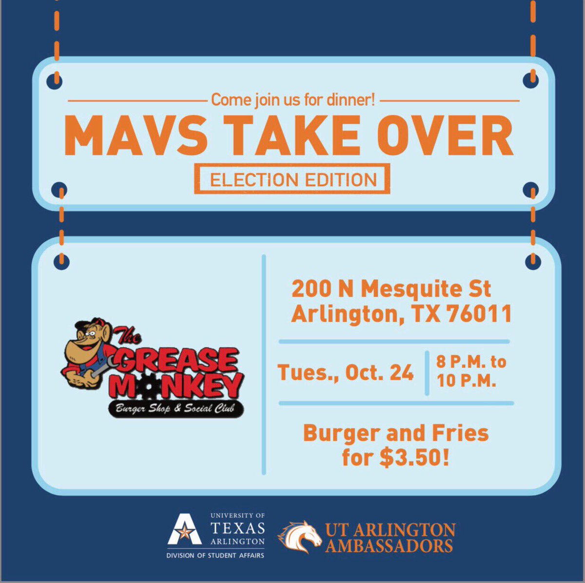 UTA_Ambassadors's tweet photo. Mavericks it’s about to go down! Come to Mavs Takeover, the first ever election edition! Grab some friends and we’ll see you there! #GoMavs https://t.co/C7WEV5ic0c