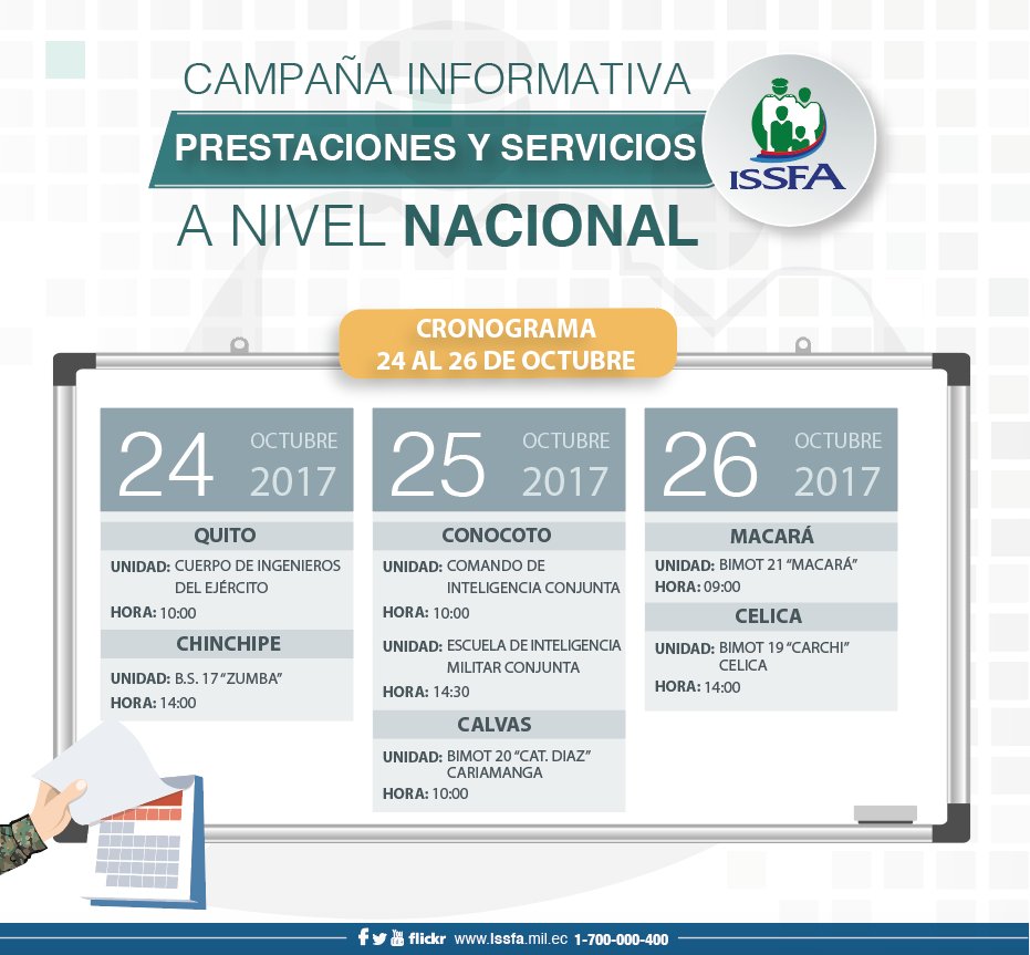 ISSFA_ECUADOR's tweet photo. Se parte de las #CharlasISSFA que se expondrán a nivel nacional, conoce el cronograma de esta semana 📆 https://t.co/QbQUoAMttL