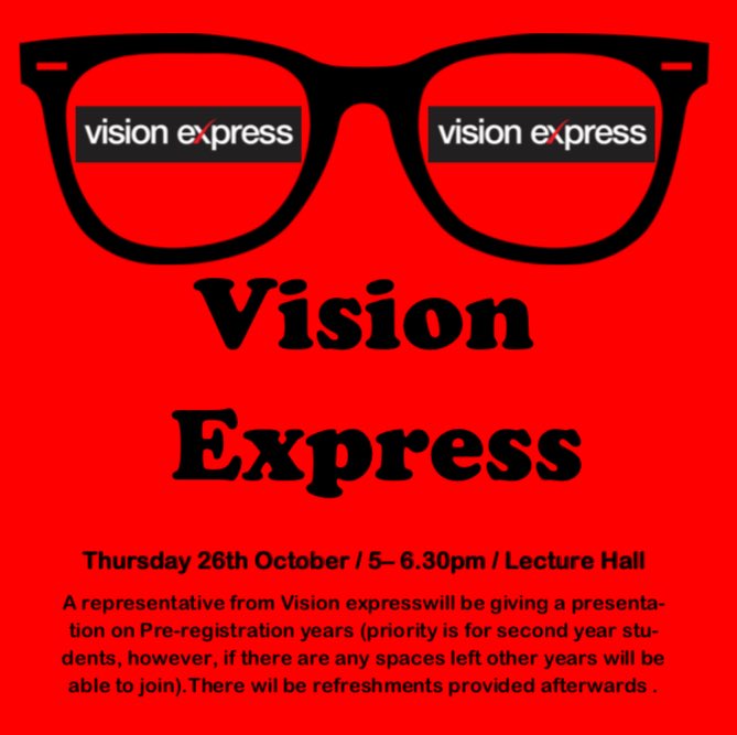 Aston_Opsoc's tweet photo. Vision Express will be in the lecture Hall on Thursday at 5pm! Be sure not to miss it👓👓 https://t.co/atXKtqbNe3