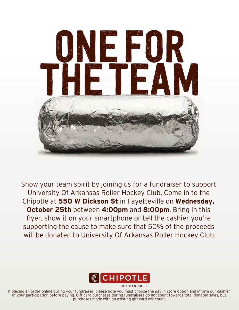 We are about to get our season rolling! Come help us out.
Wednesday 4-8 at Chipotle Dickson St. @urecclubsports