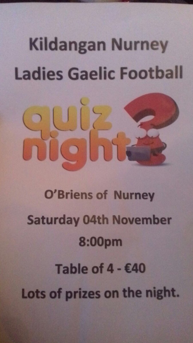 Quiz Night 📚 Saturday 4th Nov @ 8pm in O'Briens Nurney 🏆