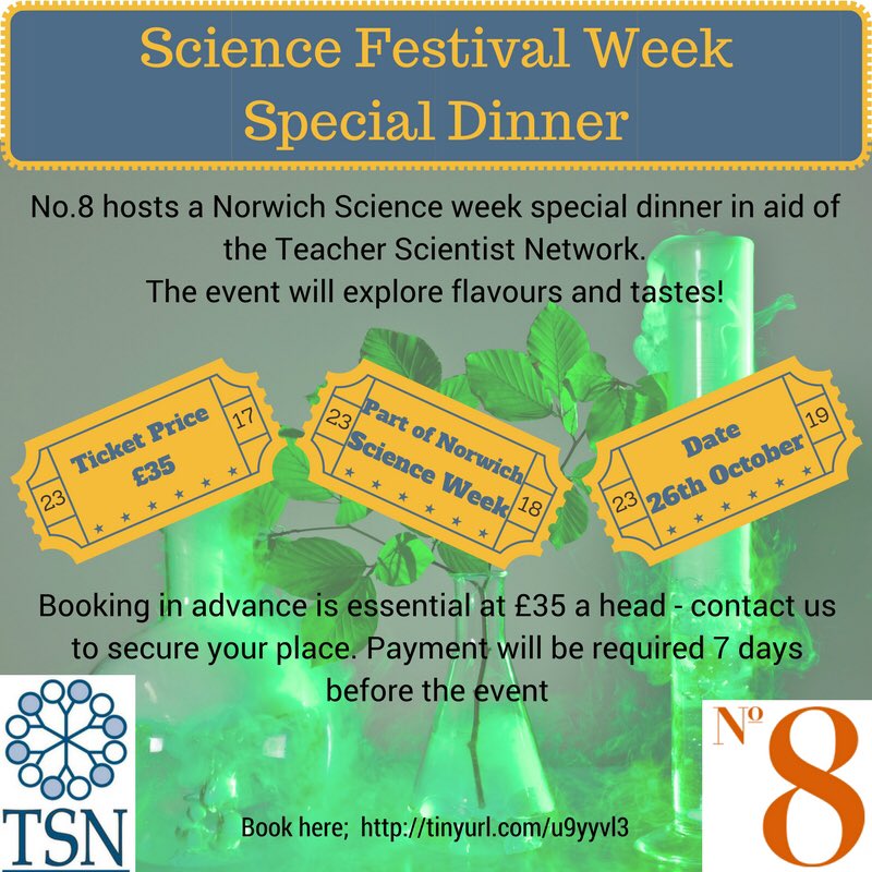 No8ThorpeRoad's tweet photo. Last call #norfolkhour for our @NorwichSciFest #dinnerwithadifference fab taste experience with @TSNphil & @cheftaylor01 must be booked! https://t.co/6mVrAVPEMA