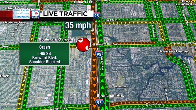 CRASH: I-95 SB & Broward Blvd. A shoulder is blocked. Speeds clocking in at 35 MPH. #TRAFFIC https://t.co/8ogwFwEQrn