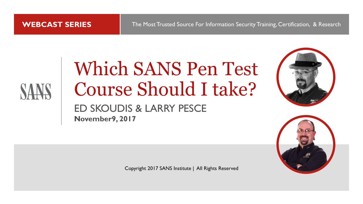 SANS | Upcoming Webcast

Which SANS #PenTest Course Should I Take?
w/ <a href="/edskoudis/">edskoudis</a> &amp; <a href="/haxorthematrix/">haxorthematrix</a>

Nov 9th, 3pm ET: sans.org/u/x5H