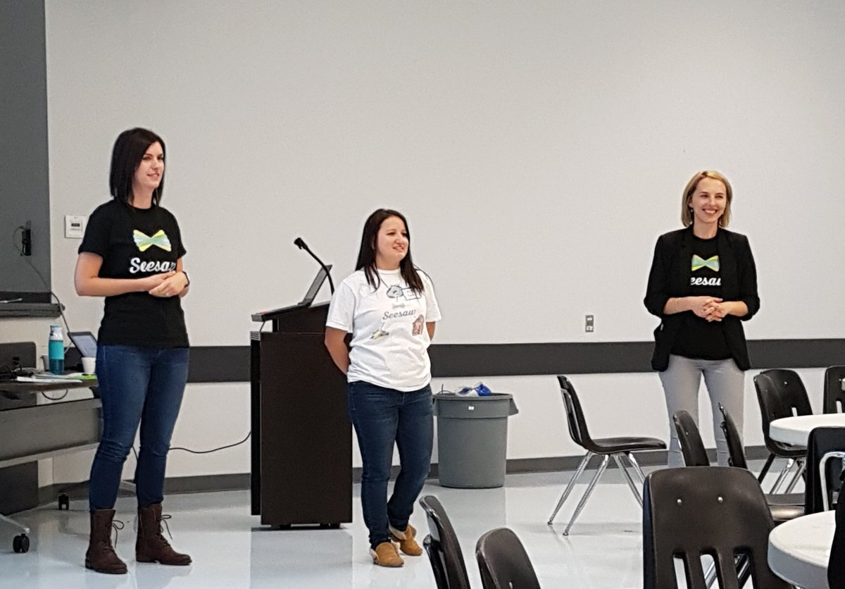 educatorlex's tweet photo. @ConnaughtNB educators put on 3 sessions today at the #SKdlearn conference. Here is @t_kolbas @FavelRaelyn @sarahficko presenting @Seesaw. https://t.co/jYziUCj2Zq
