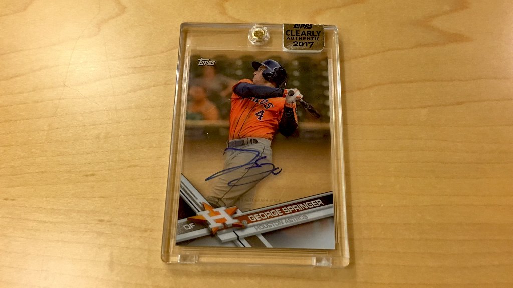 MLB's tweet photo. After his two sick #ALCS catches, you want this @topps Clearly Authentic autographed by George Springer.

RT for a chance to win. #MLBCards https://t.co/Z5T6s7aljs