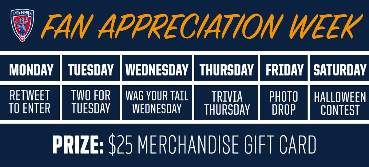 IndyEleven's tweet photo. It's Fan Appreciation WEEK! 👏

We're giving away a $25 merch gift card each day, starting now. Simply RT by 9:00 PM to enter! #IndyForever https://t.co/7lNAUuYHwl