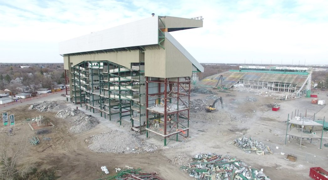 CityofRegina's tweet photo. A controlled collapse of the west side grandstand of our historic stadium happens Friday, Oct 27 @ 1 pm. https://t.co/LZYJeKU6Qv