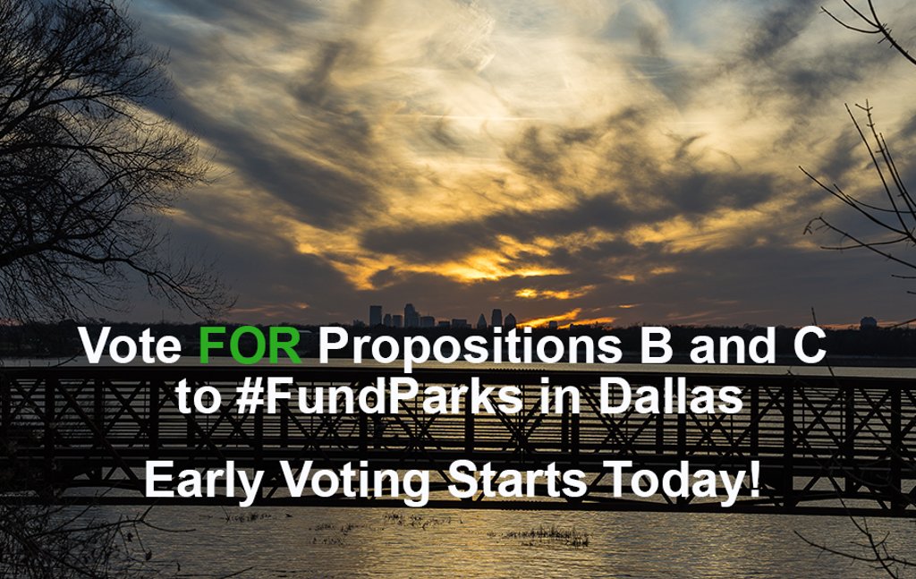 whiterockdallas's tweet photo. Vote FOR Props B & C to #FundParks. Repair parks, up green space, improve water quality, flood control & wildlife habitat-with no new taxes! https://t.co/iGDWzON6HA