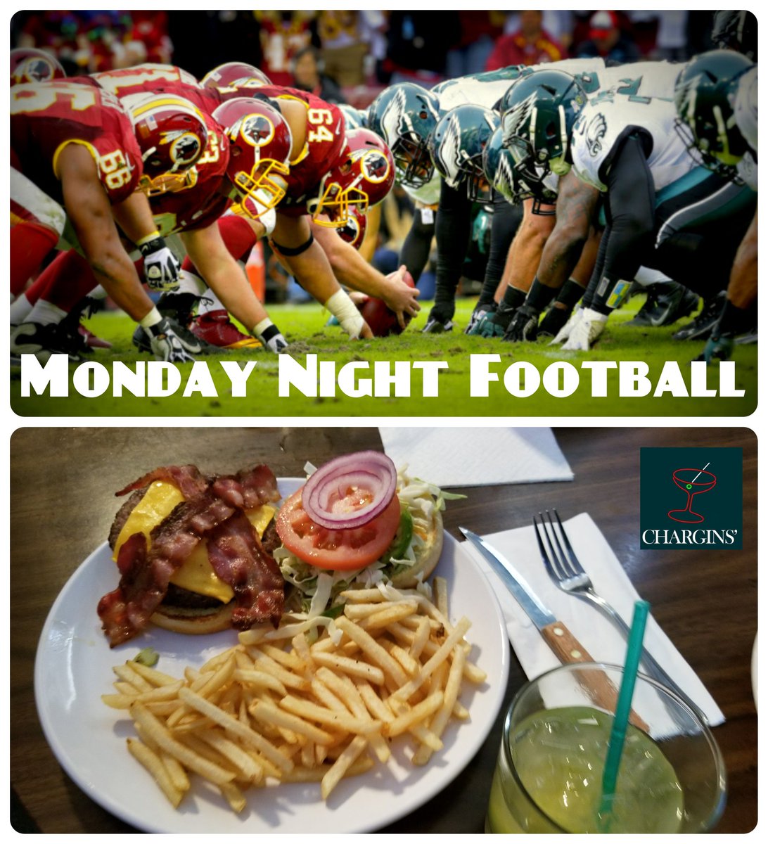 CharginsBar's tweet image. MONDAY NIGHT FOOTBALL
 Kicks off at 5:30pm
@Redskins Vs @Eagles 

Food &amp;amp; Drink Specials!

#MNF #Chargins #NFL #Burger