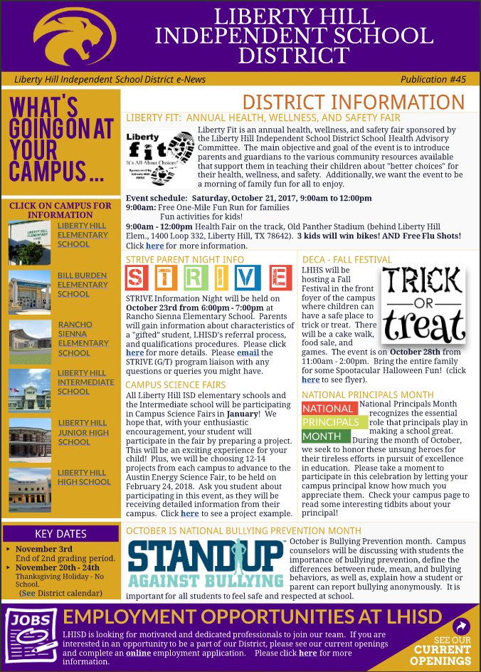What's Going on at LHISD? Stay up-to-date with campus news and events with this week's Liberty Hill ISD e-News pub.lucidpress.com/7a1f0aac-09f7-…