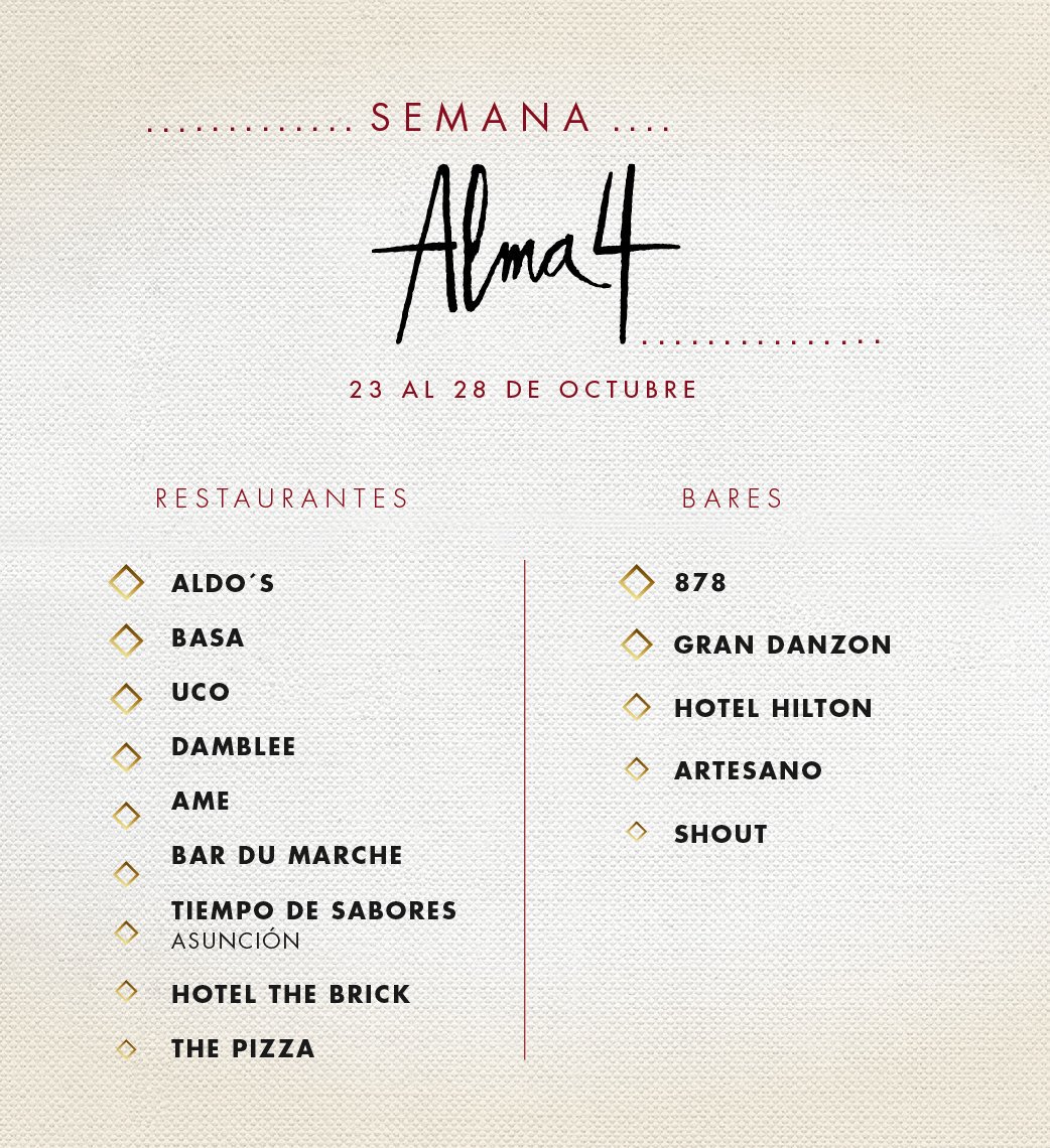 <a href="/casadocampo570/">Casado con el Campo</a> <a href="/Negrocasado/">Jose Casado</a> <a href="/AlmaCuatro/">Alma Cuatro</a> <a href="/alensebas/">Sebas Alen Guichon🇦🇷🇺🇾</a> @LauraMSotelo <a href="/Aamitrano/">Ana Amitrano</a> Del 23 al 29/10, un grupo de restaurantes y bares ofrecerán propuestas especiales basadas en los espumosos Alma 4 alma4.com #vino #espumantes