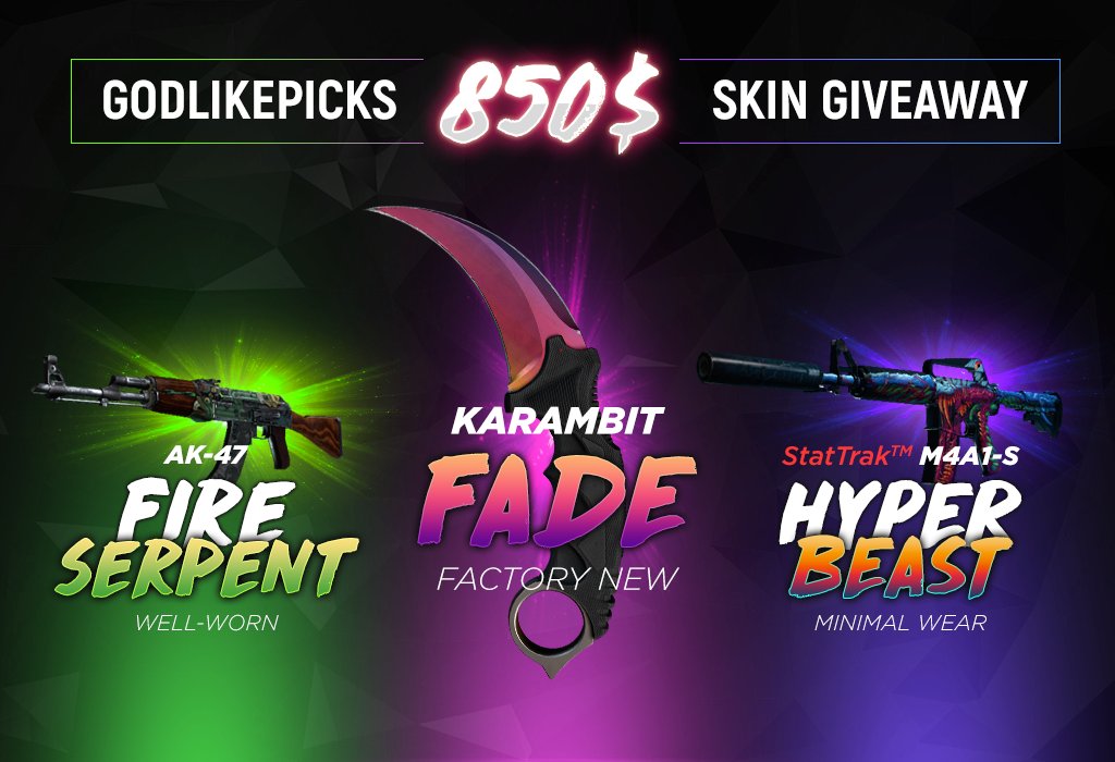 godlikepicks's tweet photo. *850$ Skin Giveaway*

RT+Fav+Follow
Enter via gleam: https://t.co/2ShabUKjZH

Winner picked in 2 weeks, GL HF 👌 https://t.co/bBmECw8piv