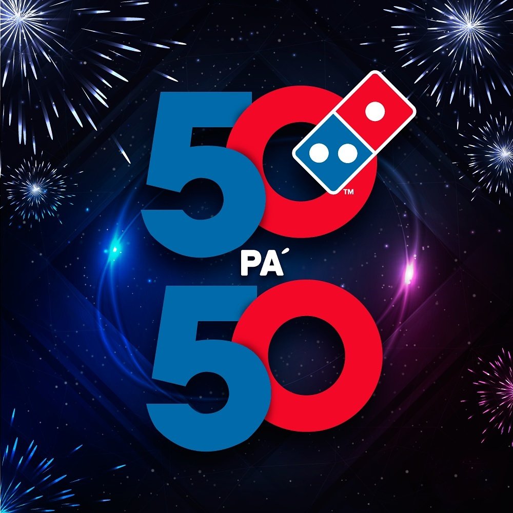 DominosPanama's tweet photo. A los 2,000 rt o likes te diremos cómo puedes ser uno de los 50 elegidos! Serán 2,500 Pizzas gratis! Para celebrar nuestras 50 tiendas 🎉🎆 https://t.co/2dgrtVR9sy