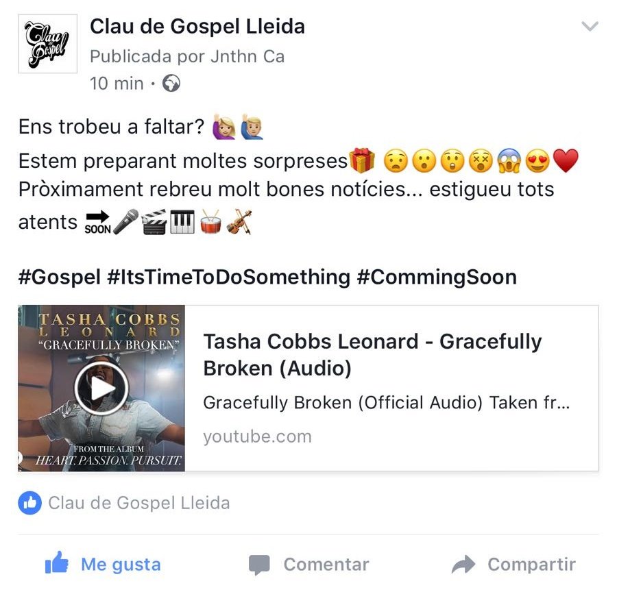 ClauDeGospel's tweet photo. ⚠️ Nova publicació a facebook! ⚠️ Segueix-nos al facebook i no et perdis CAP concert #ClauDeGospel ! 🎶🎙🎤 #Lleida #Gospel #Readdy? #Follow 🙌👍 https://t.co/tpdGFOGwg0