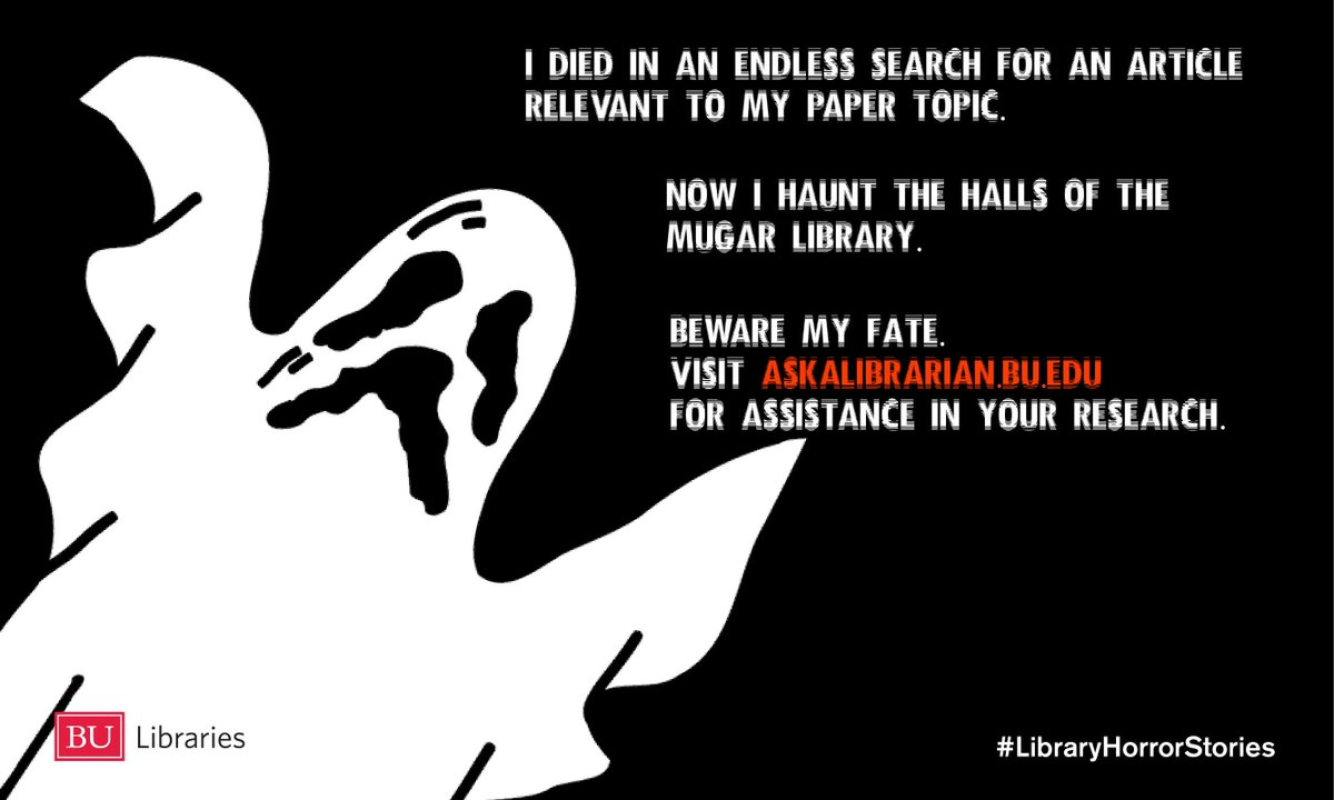 bulibraries's tweet photo. Need help looking for relevant articles? Ask a librarian for help! #libraryhorrorstories https://t.co/3TVjO8ipXS
