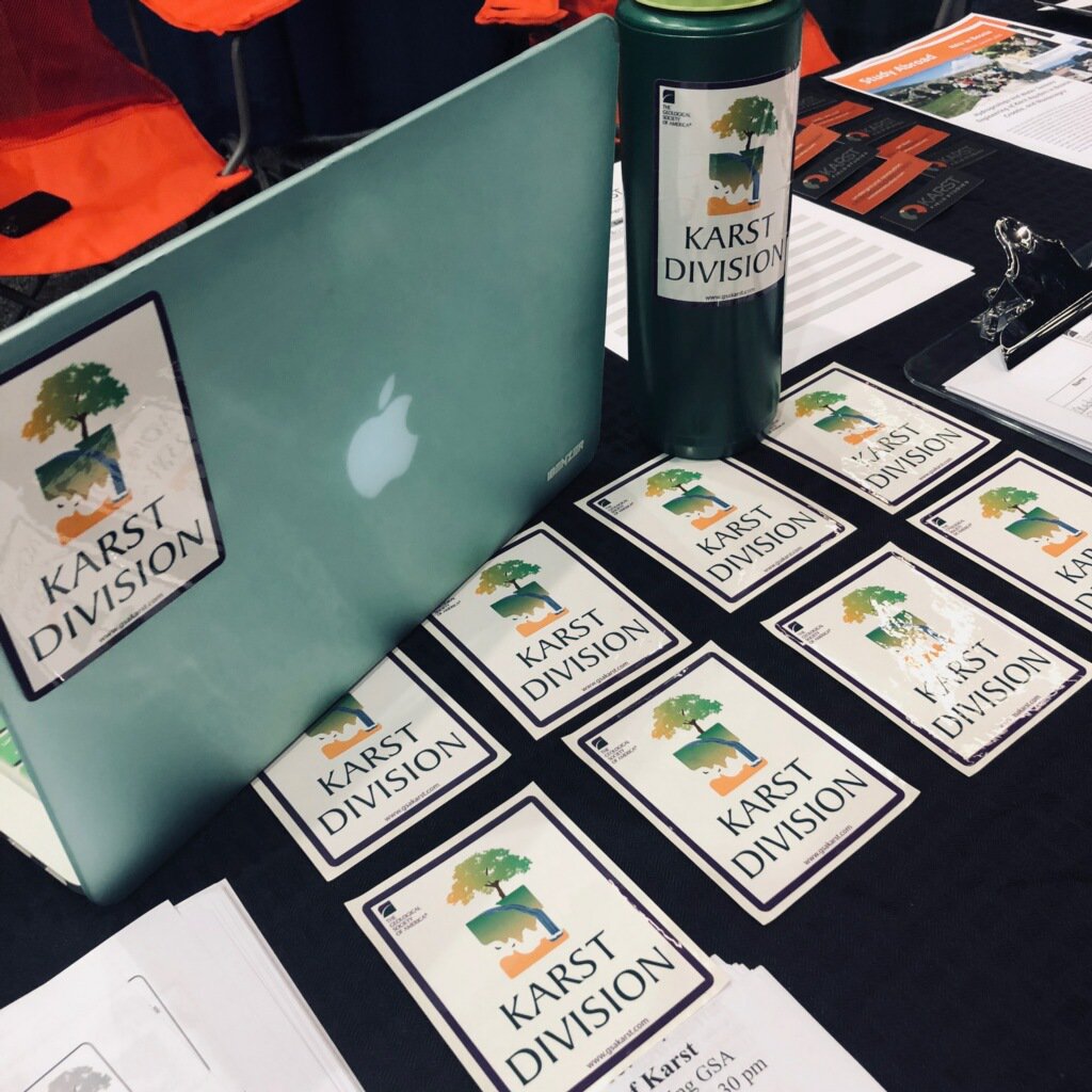 gsakarstdiv's tweet photo. Sweet logo, right? Stop by our booth in the exhibit hall to pick up a sticker (FOR FREE) while supplies last! #GSA2017 #KarstDivision https://t.co/M00QarUfoW