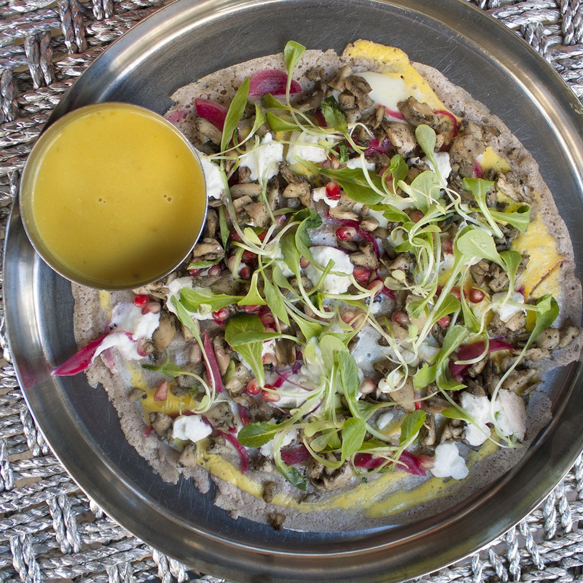 pondicheri's tweet photo. #DosaDreams tonight at #PondiHTX!  Egg dosa + hen of the woods, pickled onions, pomegranate &amp; chèvre 🙌

#whatsfordinner #MeatlessMonday https://t.co/gSVE2UkAFy