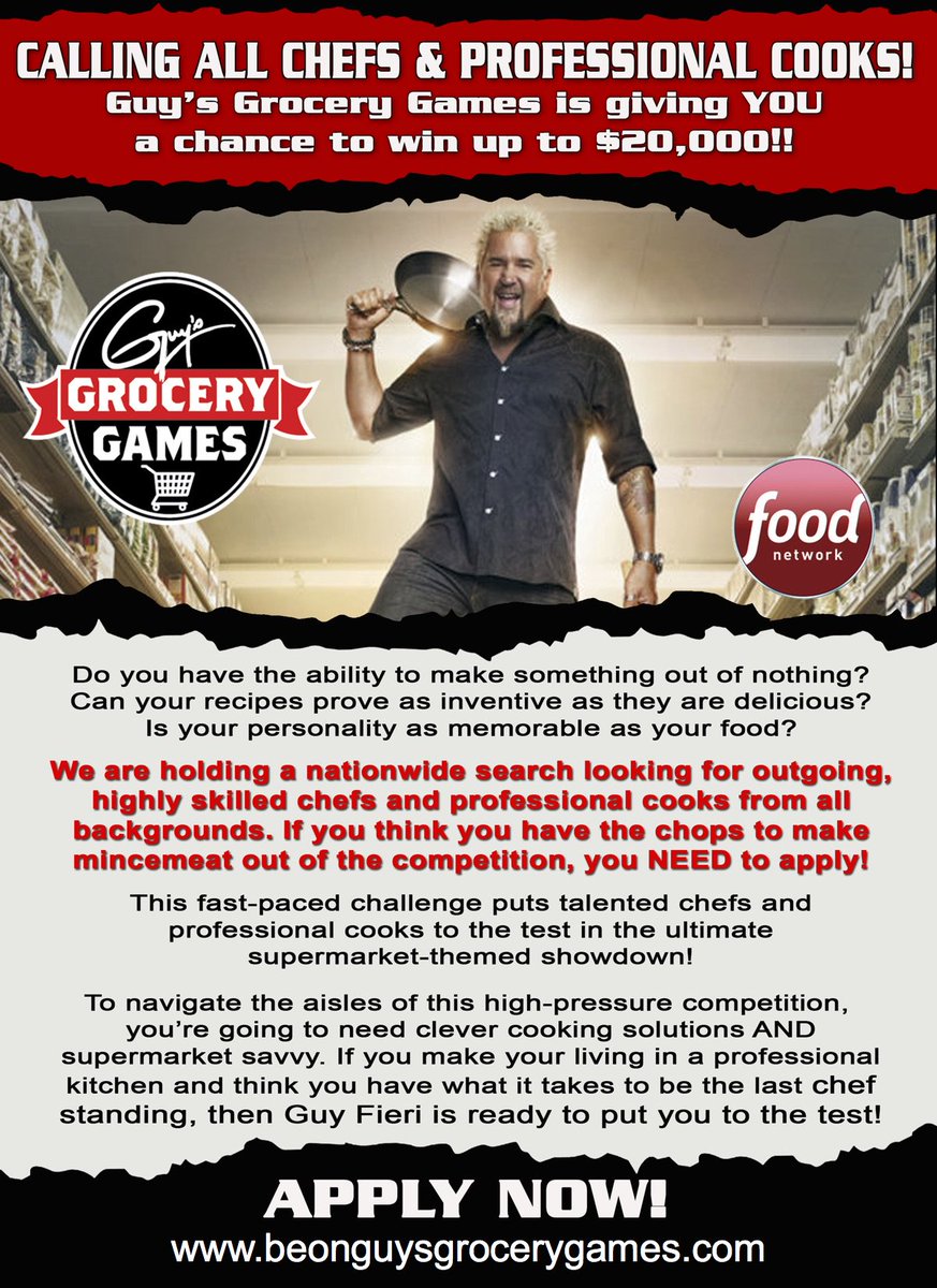icastreality's tweet photo. Now Casting for Guy's Grocery Games! #GGG #guyfieri #chef #cheflife #nowcasting #foodnetwork #competition #gameshow #grocerygames https://t.co/1ShJ7sNSMf