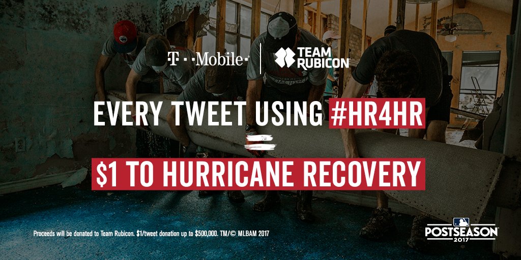 TeamRubicon's tweet photo. This @MLB Postseason @TMobile will donate $1 per tweet (up to $500K) to TR when you use #HR4HR! Every tweet + RT counts! Tweet now! https://t.co/OH7GKFSr6w