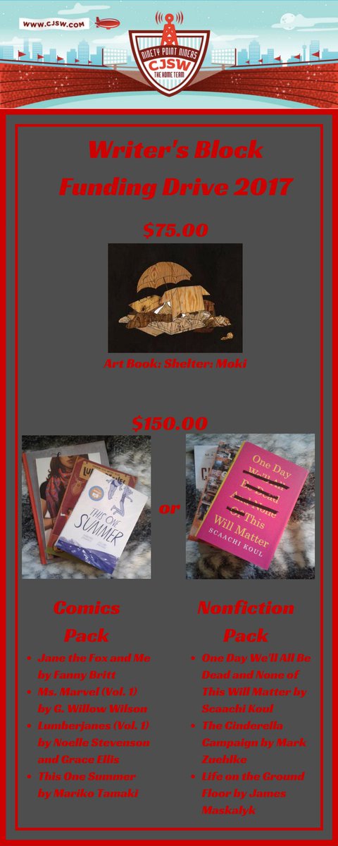 CJSWWriters's tweet photo. Don't forget to pledge the show tonight for funding drive! Visit https://t.co/bI3laAbkAD or call 403-220-5000. Incentives pictured below: https://t.co/72Elru0Sre
