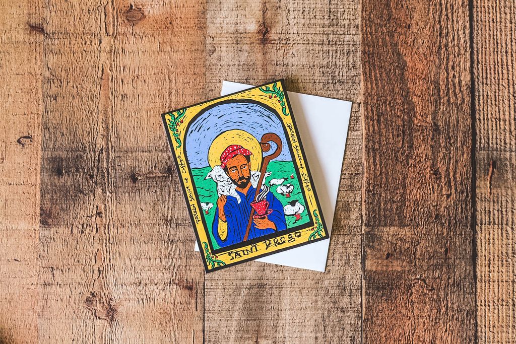 lumiboxcatholic's tweet photo. Last month's box included this cheerful Saint card of St Drogo, patron Saint of Coffee, by Patricia Hagan

Her etsy: https://t.co/gcUh5uiWCu https://t.co/dHU1AvPqjS