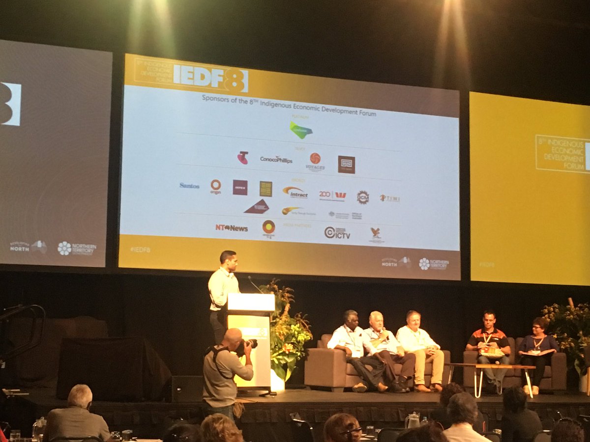IndigenousBizAU's tweet photo. Djawa Yunupingu and Klaus Helms from #Gumatj Corporation telling the inspiring tale of the Gulkula Mining Company. #IEDF8 https://t.co/dWKUh2sKel