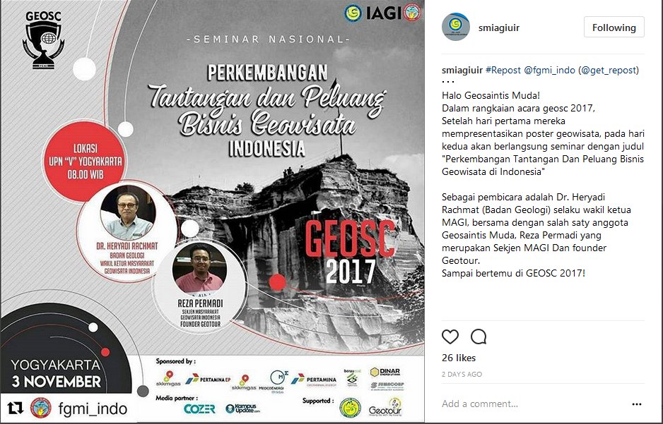 Dlm rangkaian acara geosc 2017, pd hri kedua akan berlangsung seminar dg jdl "Perkembangan Tantangan &amp; Peluang Bisnis Geowisata di Indonesia