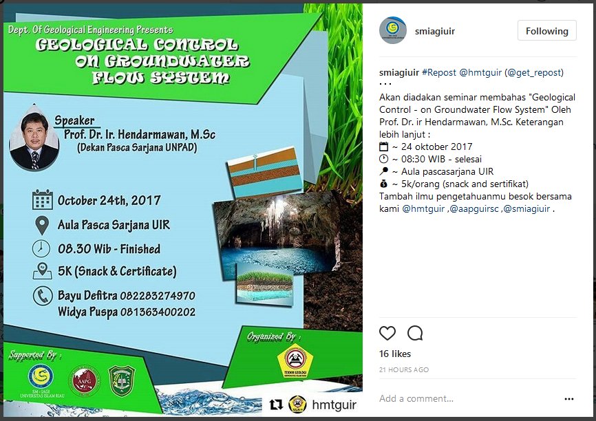 Akan diadakan seminar membahas "Geological Control - on  Groundwater Flow System" Oleh Prof. Dr. ir Hendarmawan, M.Sc. check the pict bellow