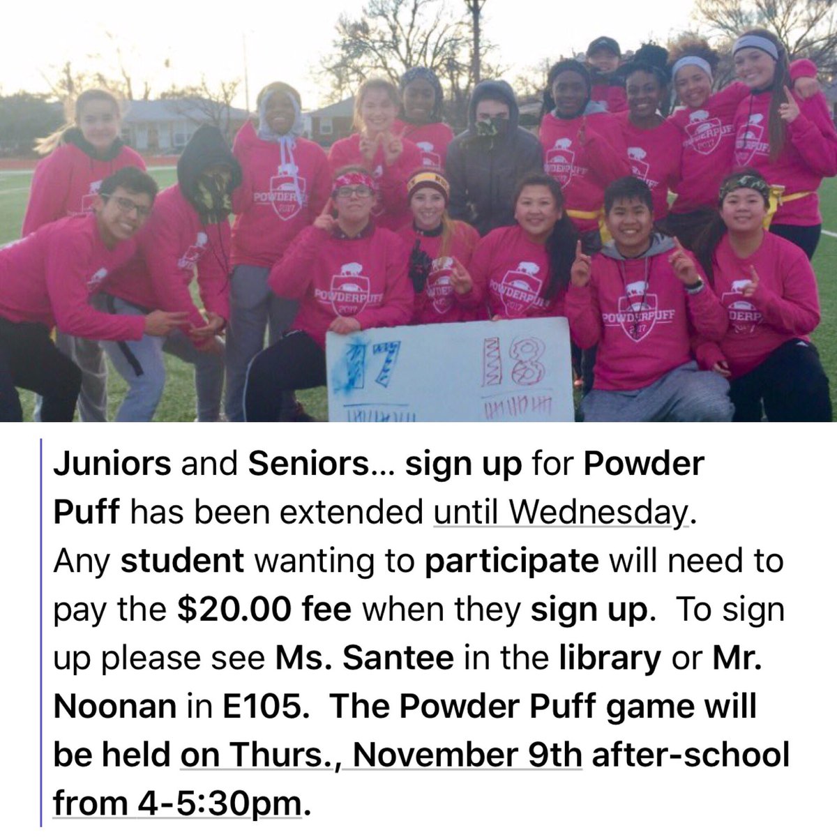 WichitaSEHS's tweet photo. Junior &amp; Sr Girls:
Sign up NOW for the powderpuff game, junior numbers are low &amp; it’s in danger of being cancelled 
RT if you want the game https://t.co/5Nodw6RNVu