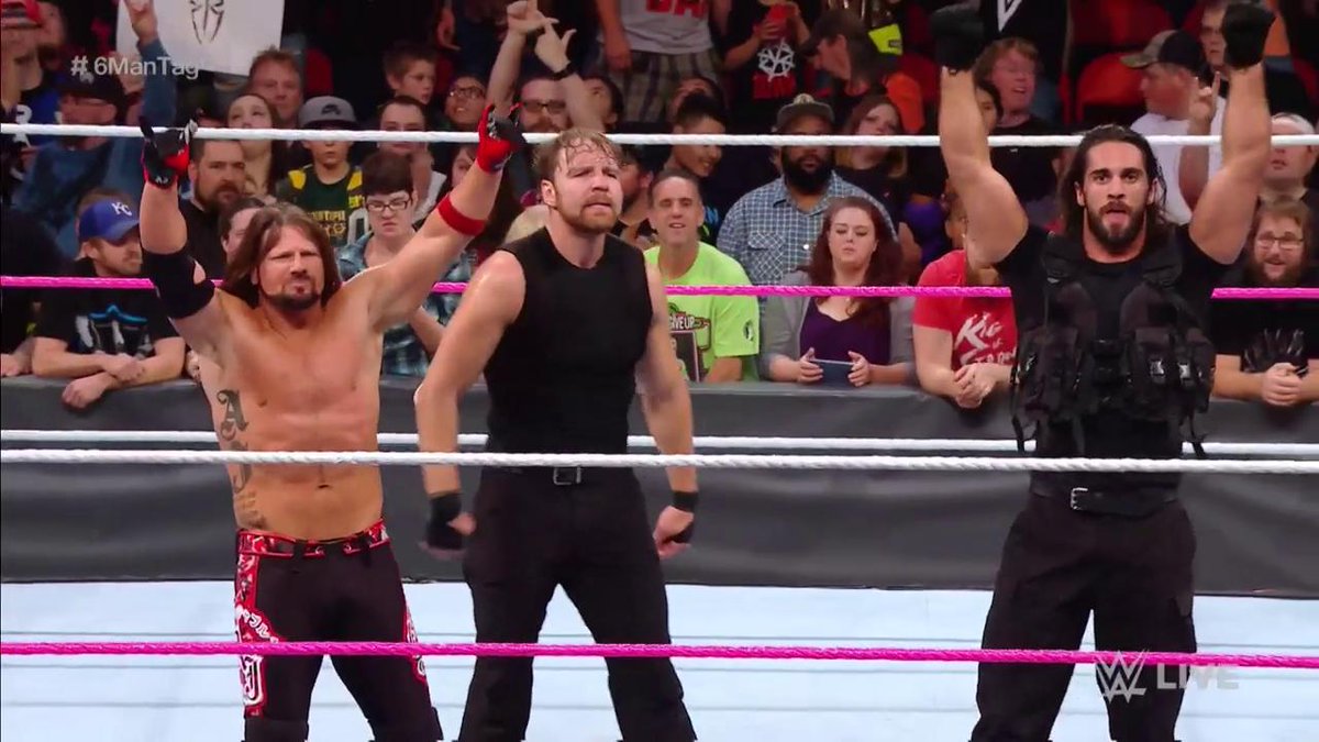 WWE's tweet image. .@AJStylesOrg brought the SMACKDOWN to #RAW as he picks up a PHENOMENAL victory for his team! #6ManTag @WWERollins @TheDeanAmbrose
