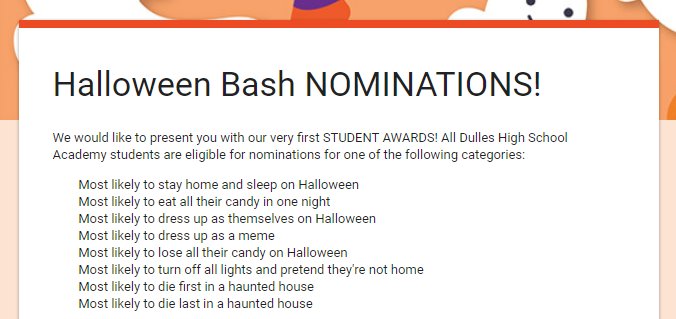 DHSMathScience's tweet photo. We're spicing up Halloween Bash w/ student awards & nominations: https://t.co/y3GU57BTBB show your #msapride & vote! #halloween #spooky #boo https://t.co/kcNIdQqqZC