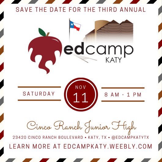 EdcampKatyTX's tweet photo. SAVE THE DATE!!

#EdcampKaty is upon us &amp; we want YOU 2 be there. Click the link 2 register 4 a gr8 day of learning! https://t.co/5wmbZ0MBxl https://t.co/ogFAtl4Oja