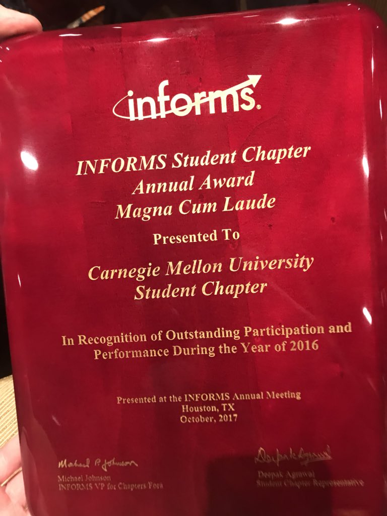 crislopeslara's tweet image. Congratulations to the @CMU_Informs for the Students Chapter Award! @thserra @23Neda23 #INFORMS2017