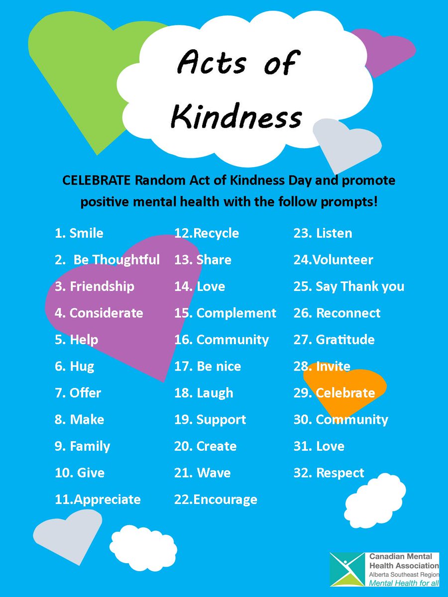 CMHA_ASER's tweet photo. Plan now on how you can celebrate Random Acts of Kindness day and promote positive mental health! #gobekind #cmhaaser #postivementalhealth https://t.co/hoLdDd03Bw