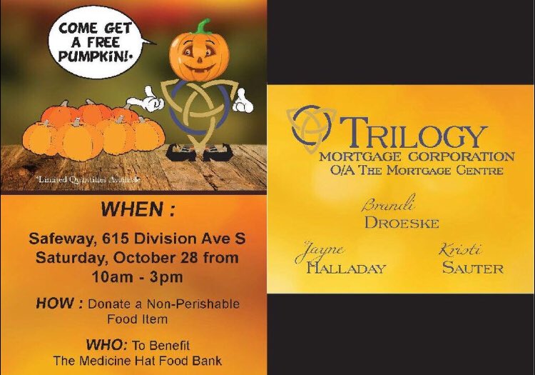 jayneflaig's tweet photo. Don’t forget! This Saturday @Safeway on the Hill! @MedHatFoodBank @MortgageTrilogy #freepumpkins #medhat https://t.co/YYTOiN9Wh9