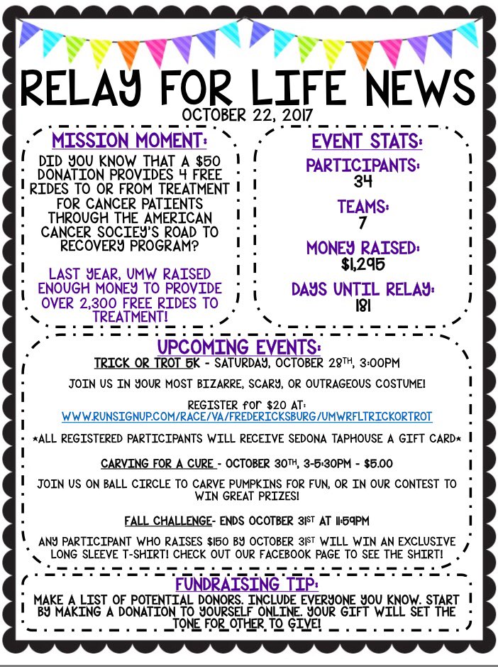 RelayForLifeUMW's tweet photo. We’re back from fall break and better than ever!!! Check out our latest updates 💜 https://t.co/19g6NKG157