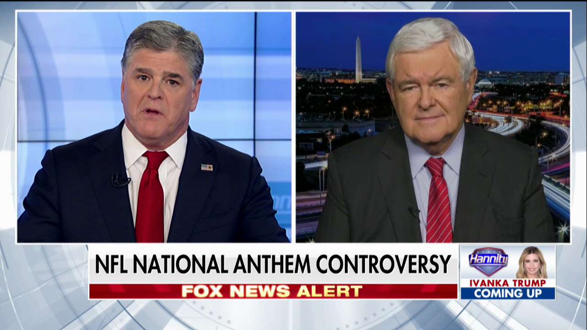 FoxNews's tweet photo. .@seanhannity: "I think most Americans are waiting for the @NFL to stand up for those who fought, bled and died under that flag."  #Hannity https://t.co/Mqomc3nmUa
