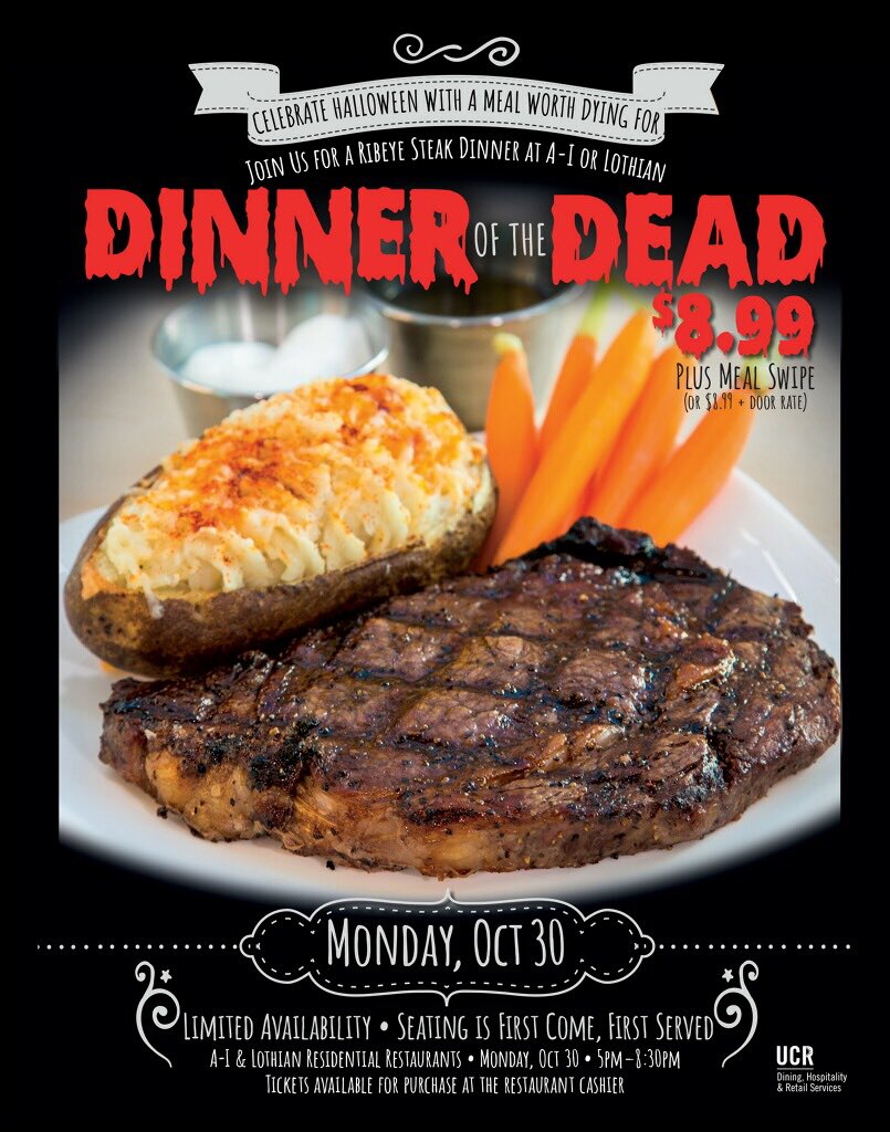 There will be a special Rib Eye Steak  dinner at AI and Lothian Dining Halls Monday Oct 30th 5:00pm to 8:30pm. It’s $8.99 plus a meal swipe!