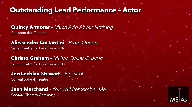 METAsMTL's tweet photo. And the META for Outstanding Lead Performance by an Actor goes to Jon Lachlan Stewart, Big Shot @SurrealTheatre #METAs2017 https://t.co/dzwH7dksYx