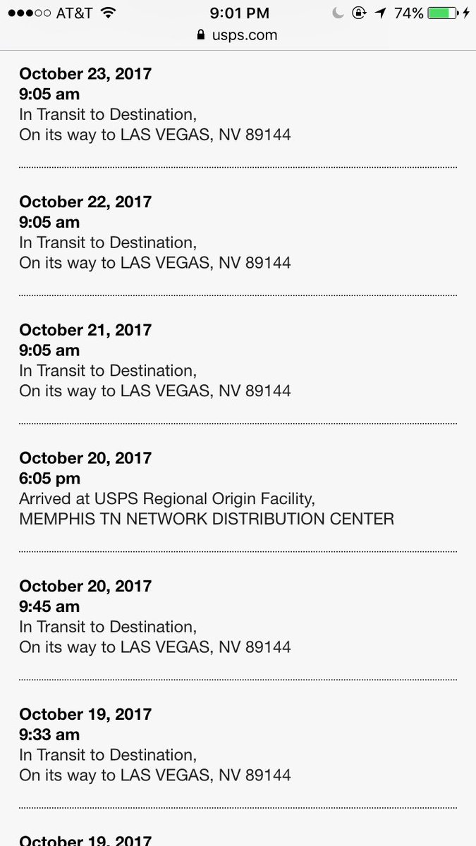 JanineEB532's tweet photo. @USPSHelp @USPS what a joke. Expected delivery was 10/20. Jackson to Vegas to Memphis to Vegas to Memphis? Do I get FF miles with my refund? https://t.co/JawuWv4dQY