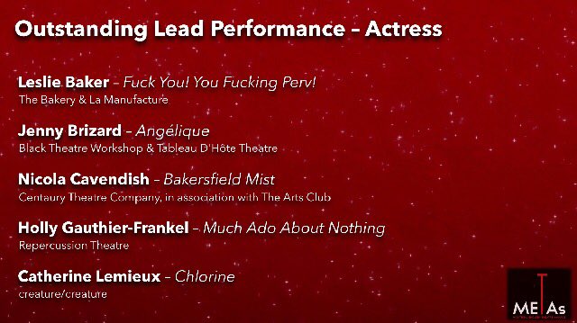 METAsMTL's tweet photo. And the META for Outstanding Lead Performance Actress goes to Leslie Baker, Fuck You! You Fucking Perv! #METAs2017 https://t.co/17G1DV6AIx
