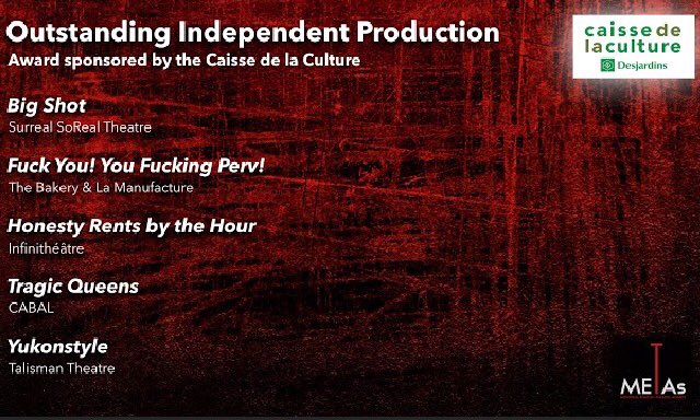 METAsMTL's tweet photo. And the META for Outstanding Independent Production goes to Fuck You! You Fucking Perv!, The Bakery & La Manufacture #METAs2017 https://t.co/A9oFrO3Swu
