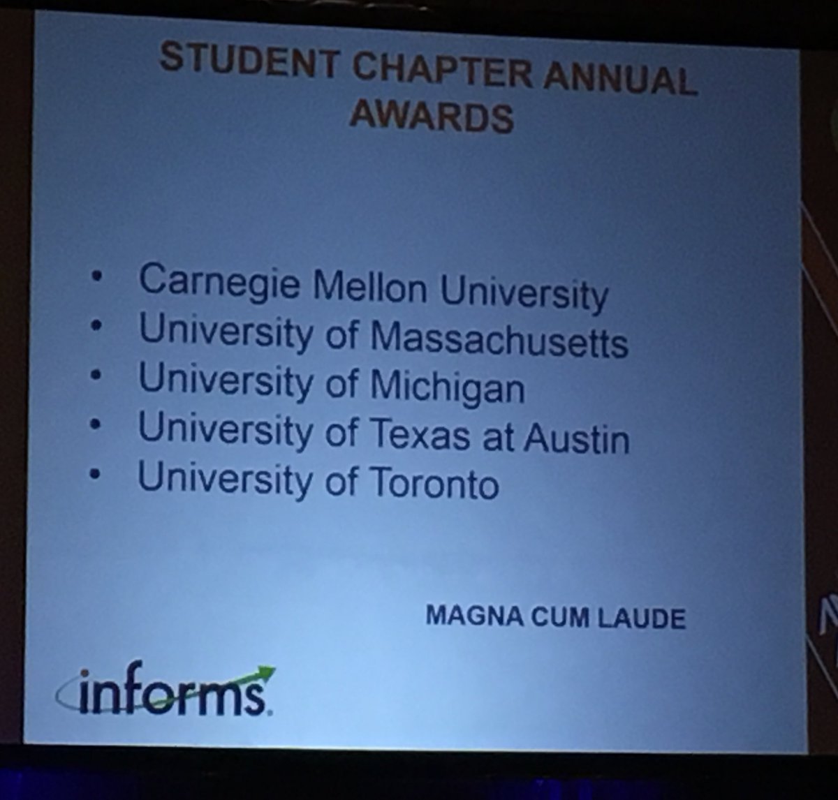 KayseMaass's tweet image. Congrats to all of the @INFORMS student chapters receiving awards! Your energy &amp;amp; service to the profession are so inspiring! #informs2017