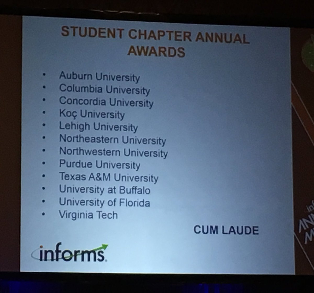 KayseMaass's tweet image. Congrats to all of the @INFORMS student chapters receiving awards! Your energy &amp;amp; service to the profession are so inspiring! #informs2017