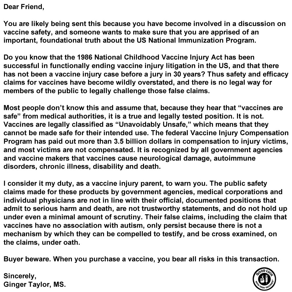 MaineVaxChoice's tweet photo. Dear Friend, do you know that you cannot sue for vaccine injury, and the vaccine program is not safe? #BuyerBeware https://t.co/LWe4Vf8faZ