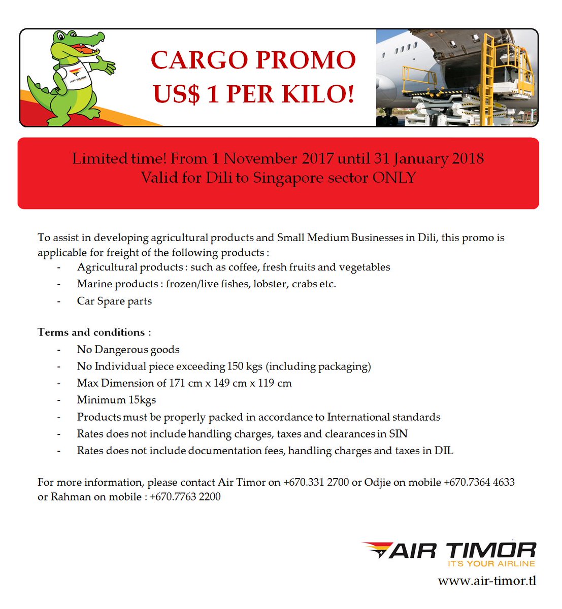 air_timor's tweet photo. SEND YOUR CARGO FROM DILI TO SINGAPORE FOR ONLY US$ 1 PER KILO!!!
@airtimor 
https://t.co/s9xiXCWNeX 
#cargo #aircargo #timorleste https://t.co/gTL3gvXXOb